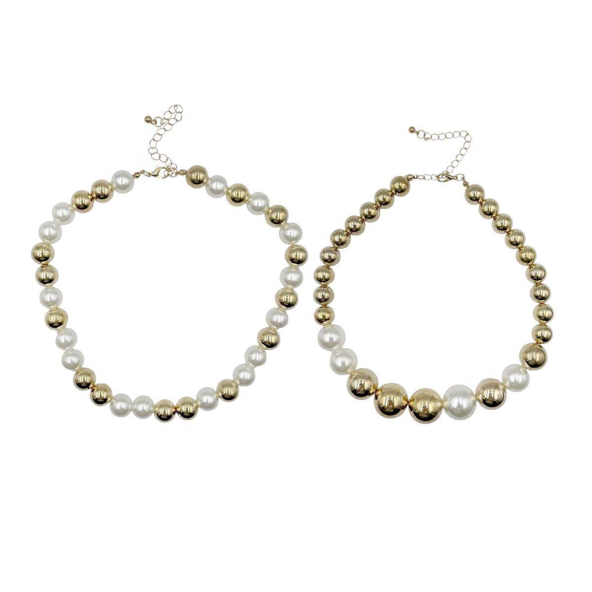 Collar Doble de Perlas y Esferas Doradas