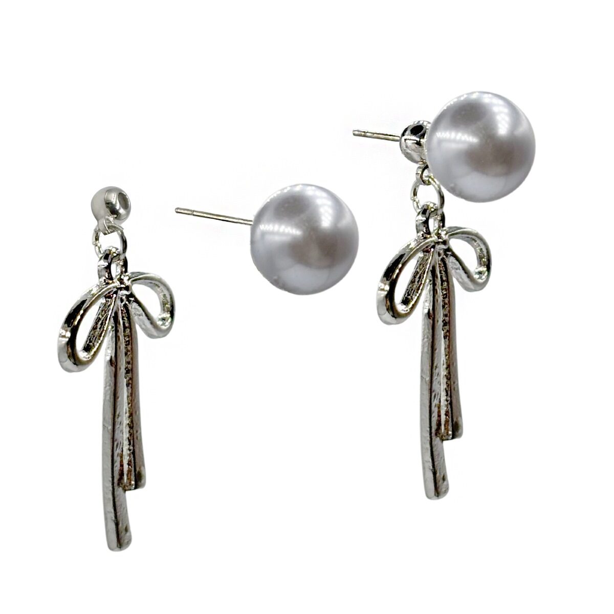 Aretes de Perla Gris con Moño Colgante