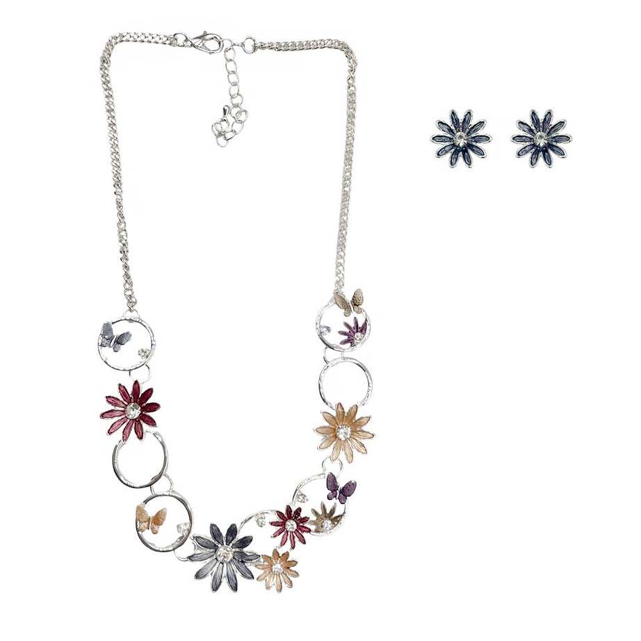 Set Collar y Aretes Flores Multicolor