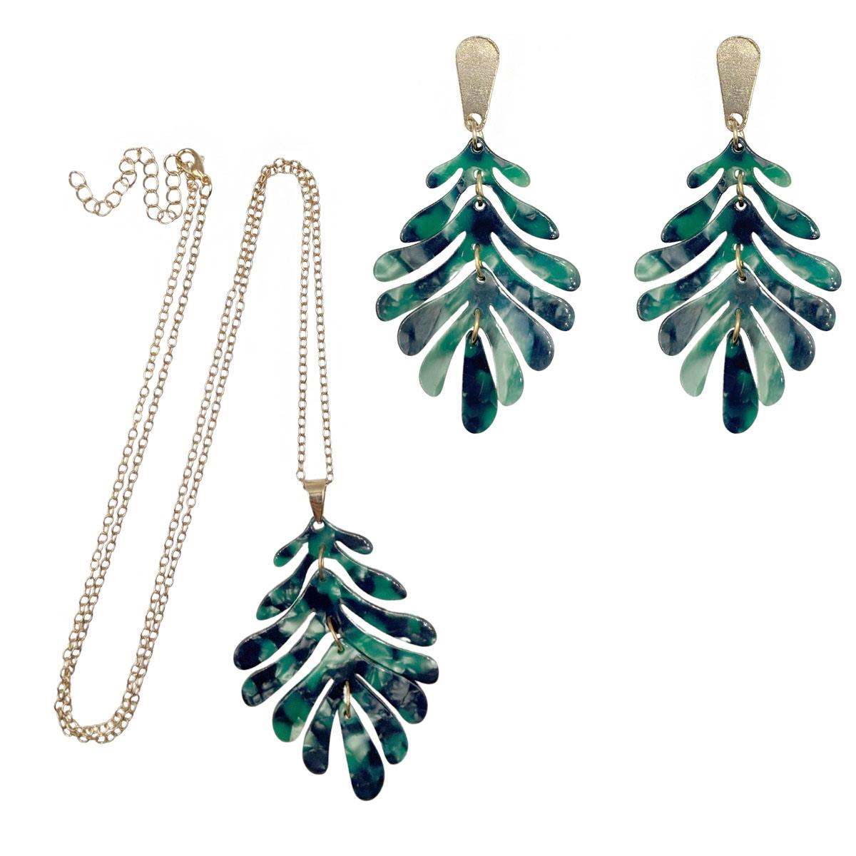 Set Collar y Aretes Hojas Verdes