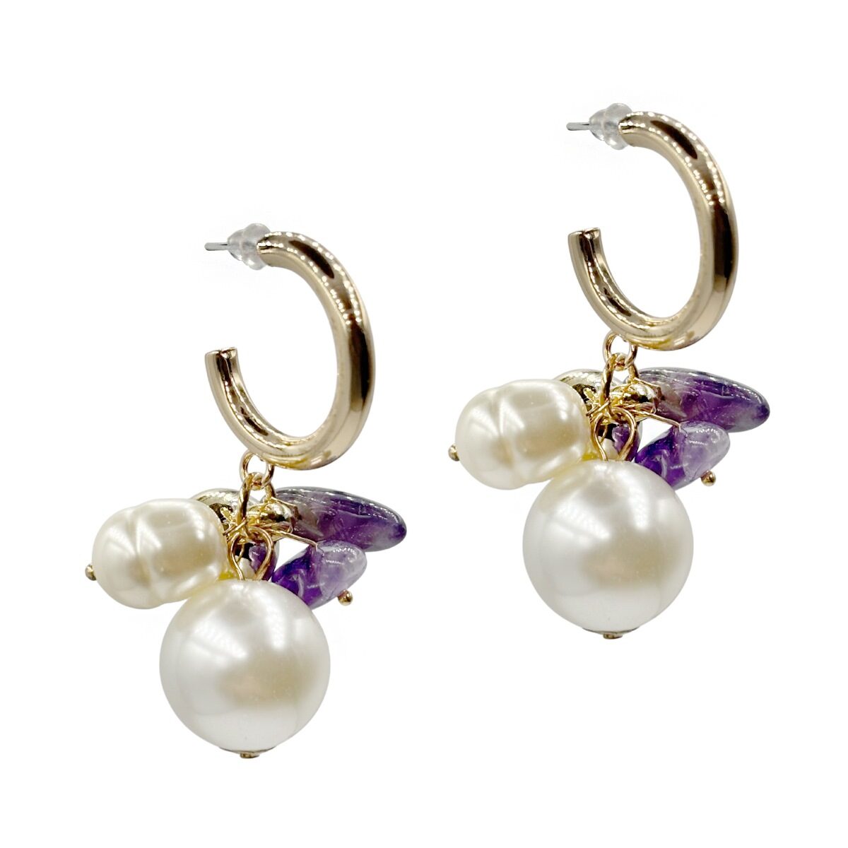 Aretes Perla y Piedra Morada Acabado En Dorado
