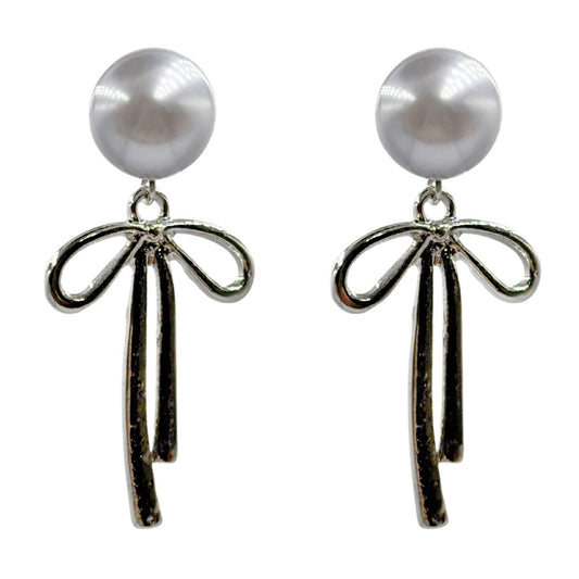 Aretes de Perla Gris con Moño Colgante