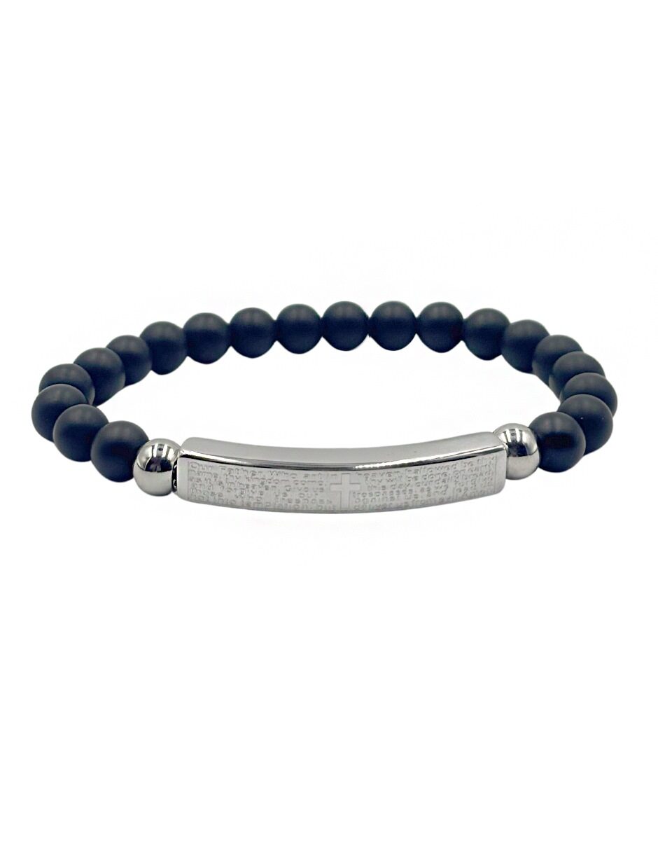 Pulsera de Cuentas con Barra Metálica  grabada con Padre Nuestro