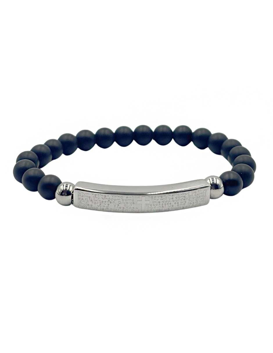 Pulsera de Cuentas con Barra Metálica  grabada con Padre Nuestro