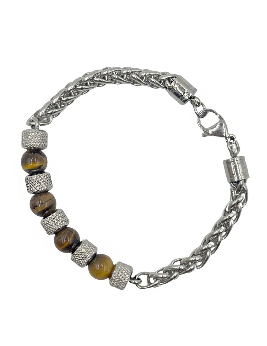 Pulsera Cadena plateada con Cuentas de Ojo Tigre