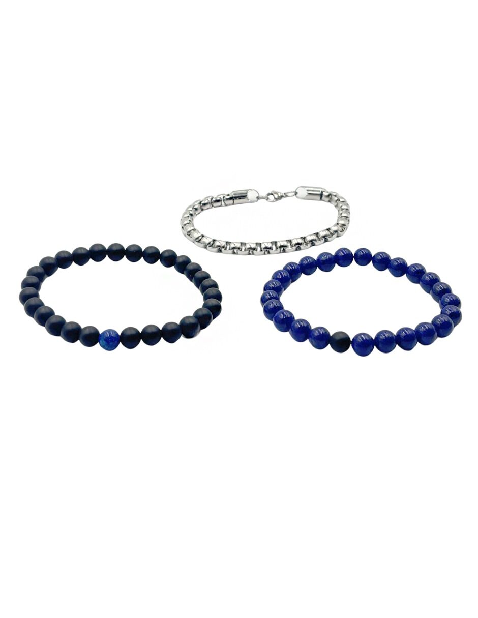 Juego de 3 Pulseras azul Negra y Plateada