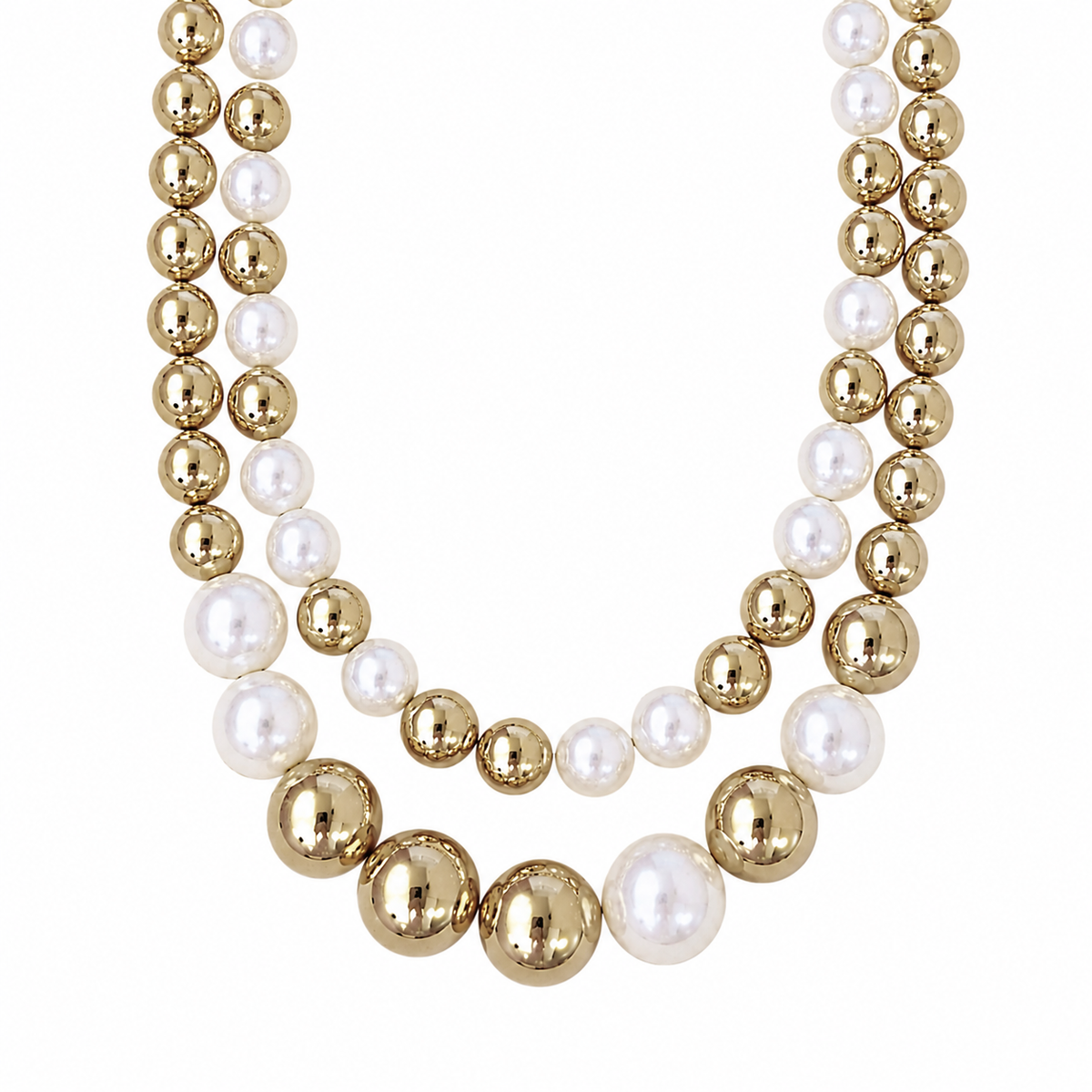 Collar Doble de Perlas y Esferas Doradas