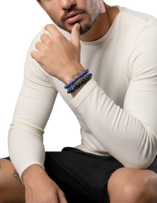 Juego de 3 Pulseras azul Negra y Plateada
