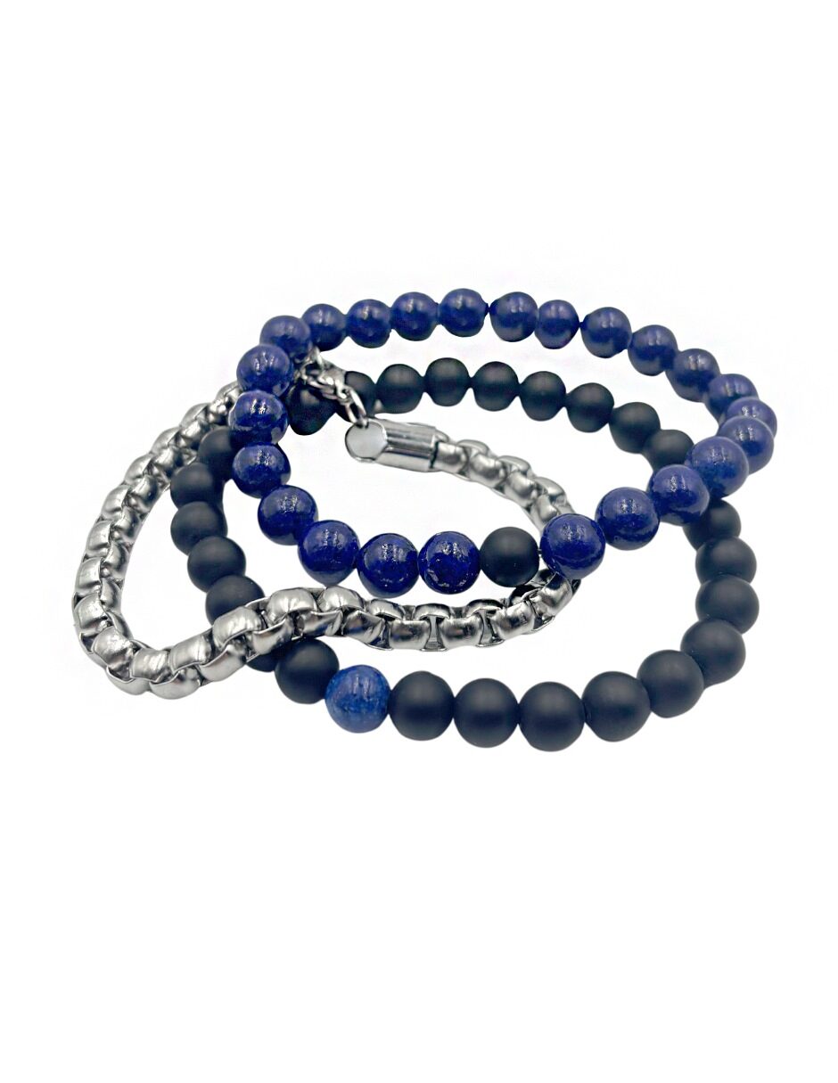 Juego de 3 Pulseras azul Negra y Plateada