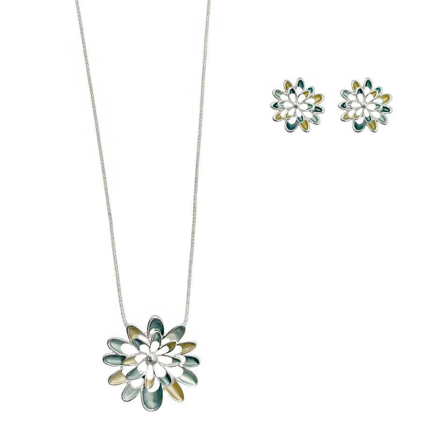 Set Collar y Aretes Flor Bicolor