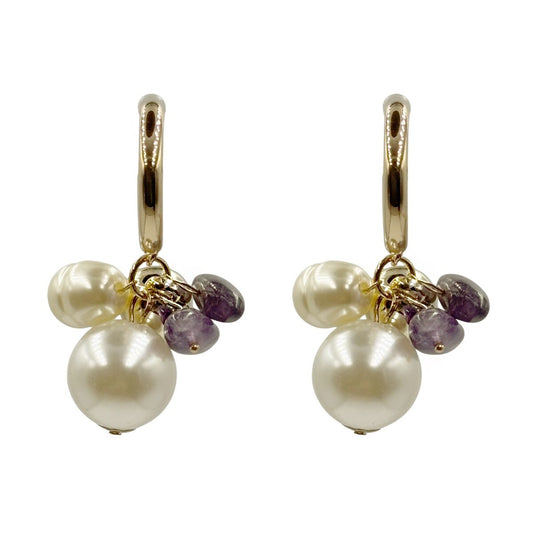 Aretes Perla y Piedra Morada Acabado En Dorado