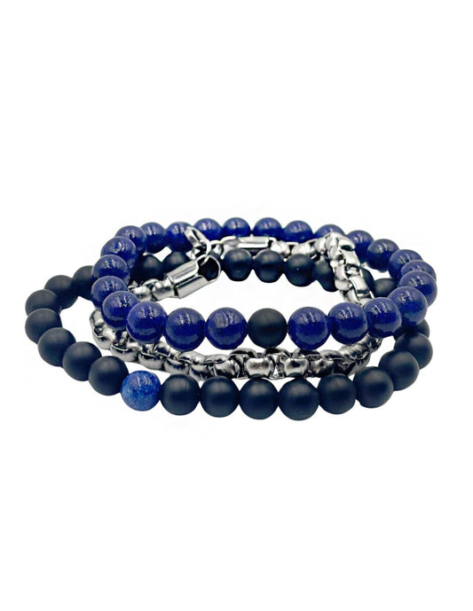Juego de 3 Pulseras azul Negra y Plateada
