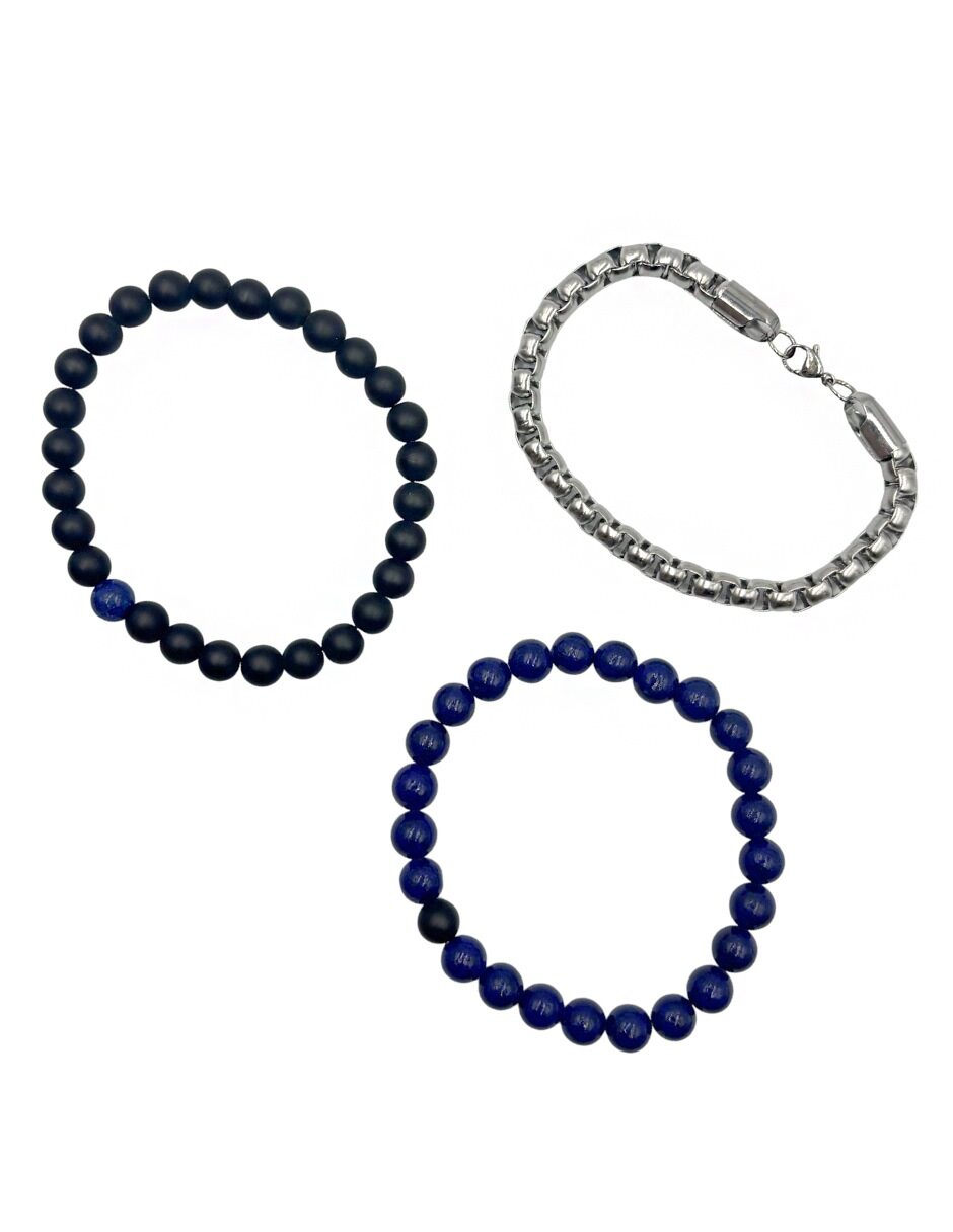 Juego de 3 Pulseras azul Negra y Plateada